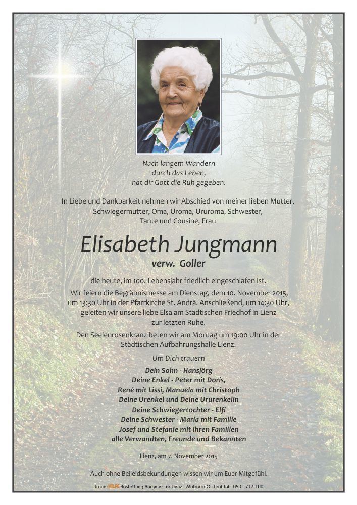 Elisabeth Jungmann Verstorbener Elisabeth Jungmann Trauerhilfe Bestattungs GesmbH