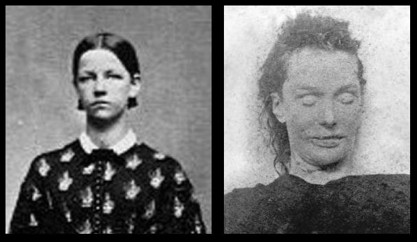 On the left, Elizabeth Stride with short hair and wearing a blouse while on the right, she is lying on the coffin