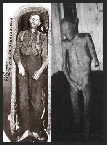 On the left, the mummified body of Elmer J. McCurdy inside a coffin. On the right, a mummified body.
