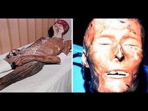 On the left, a mummified body. On the right, the head part of the mummified body.