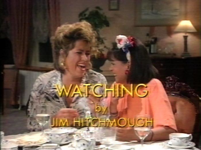 Emma Wray laughing with another woman in a movie scene from "Watching (1987)"