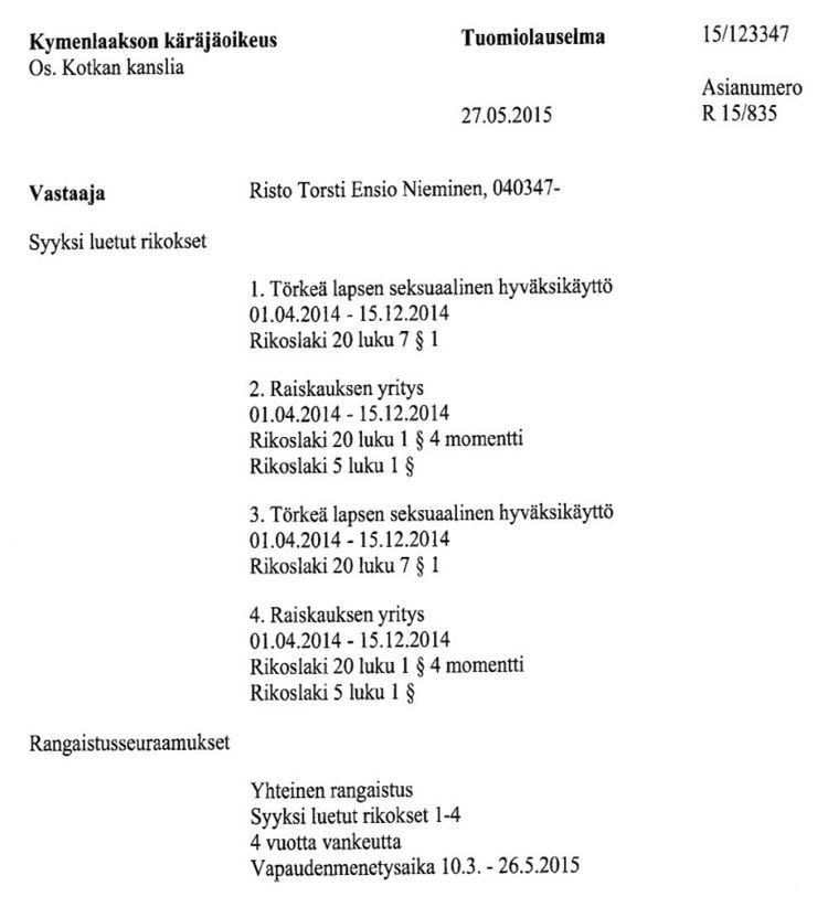 Ensio Nieminen Pedofiilille 4 vuotta linnaa Risto Torsti Ensio Nieminen 68 v