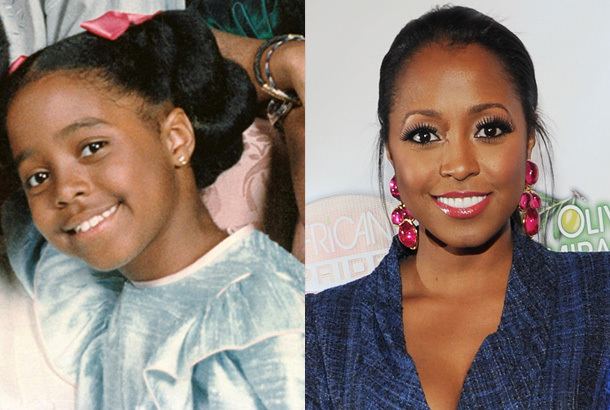 On the left Erika Cosby when she was a kid and on the right Erika Cosby smiling and wearing blue dress and pink earrings