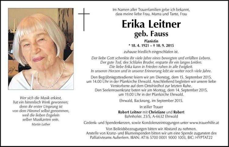 Erika Leitner Traueranzeige von Erika Leitner vom 14092015
