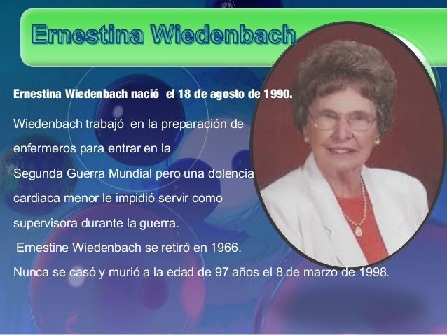 Poster about Ernestine Wiedenbach with her photo on the right side  wearing eyeglasses, earrings, necklace, and a white blazer with an orange shirt.