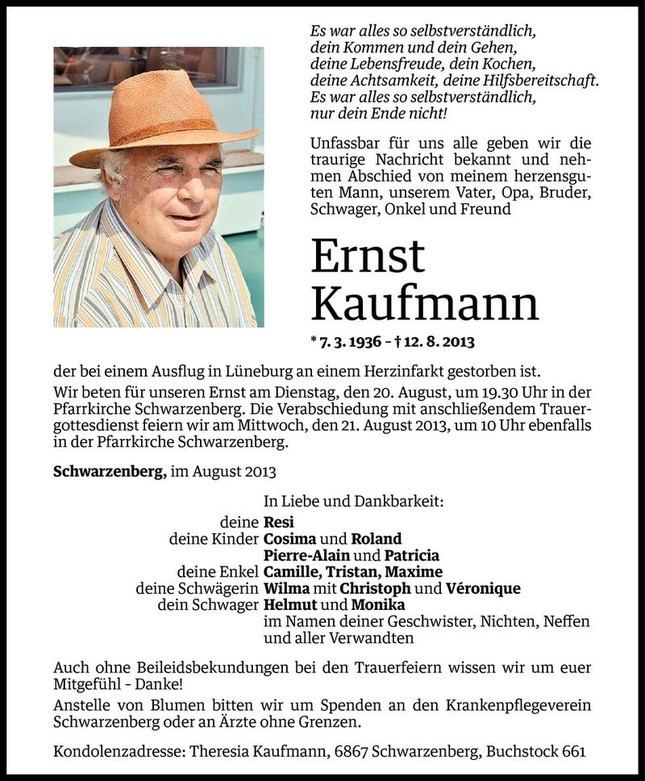 Ernst Kaufmann Ernst Kaufmann Todesanzeige VN Todesanzeigen