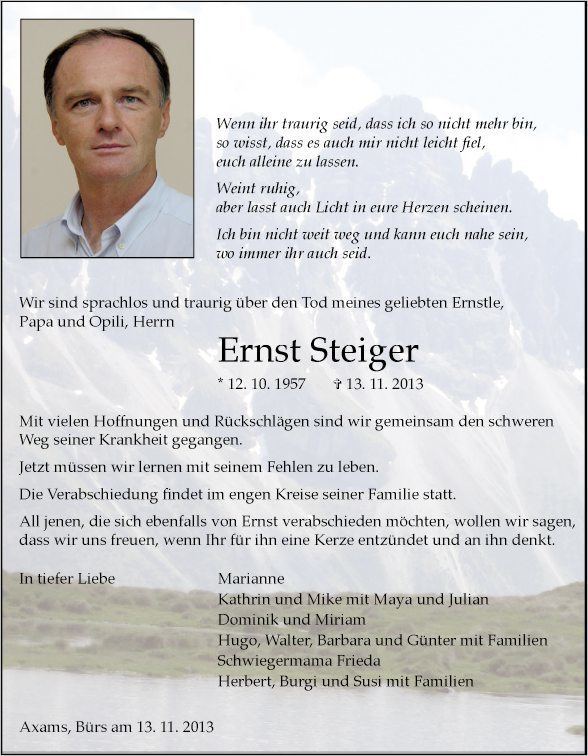 Ernst Steiger Traueranzeige von Ernst Steiger vom 16112013