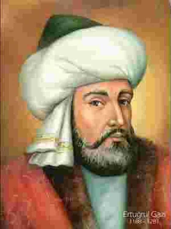 Sketch of Ertuğrul with a mustache and beard, wearing a headdress and a red and white shirt.