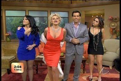 Marisa Del Portillo, Charytín Goyco, Felipe Viel, and Lilia Luciano hosting the Escándalo TV show while standing next to each other