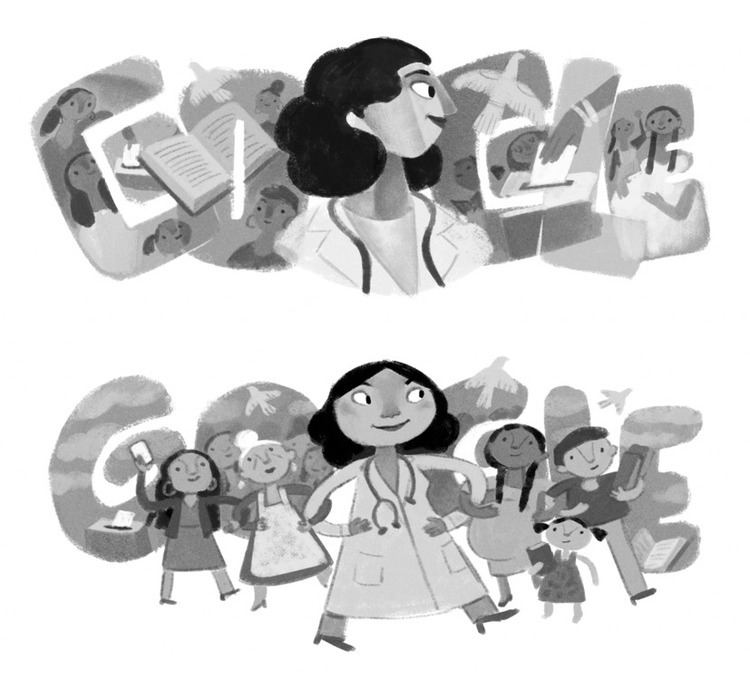 The Google search display At the top depicts Google in black and white with books, birds and people at the back, in front is a woman standing looking to her left who has black wavy hair wearing a gray shirt under a white doctor's coat. At the bottom, depicts Google in black and white with boxes, papers, and white birds flying. In front is a group of women holding their arms together and a man on the right, from left, a woman is smiling, standing with her right hand up holding a paper, has brown hair, and is wearing a gray dress under a black coat with blue shoes. 2nd from left, Grandma is smiling, standing, holding onto others with both arms, and has white hair. She is wearing a black dress underneath a white apron. 3rd from left, Woman standing with both arms holding others, wearing a white doctor's coat with a medical stethoscope around her neck and black pants. 4th from left, A pregnant woman standing with both arms holding others has black hair and is wearing a black dress. 5th from left, A kid is smiling standing, holding a black book, has black hair wearing a black dress, At the right, a man is smiling standing, holding to others with his right arm and left arm holding a black book. He has black hair and is wearing a black shirt and gray pants.