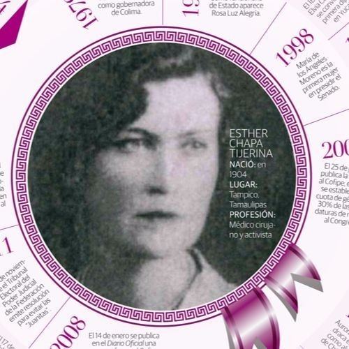 On a white background, has written years and words around a purple border. In the middle is a round purple pattern with a ribbon at the bottom right. Inside the purple border, Esther Chapa is serious, looking to her left. She has black wavy short hair and is wearing a white top.