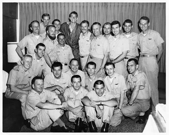 Dieter Dengler with his squadron mates from VA-145 in admiral's stateroom aboard RANGER, July 22, 1966. 