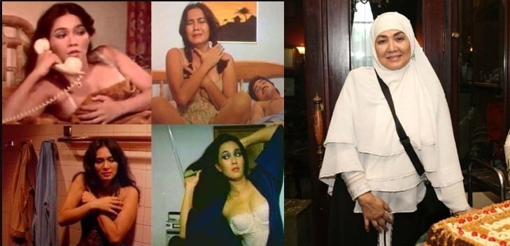 On the left side are the photos of Eva Arnaz when she was young and on the right side, Eva Arnaz is wearing a white jilbab