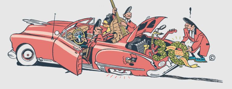 A comic strip of a red car with four passengers by Ever Meulen.