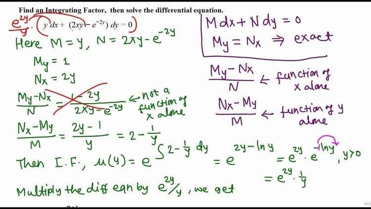 Solving Non-Exact differential equations: Example 2 - YouTube