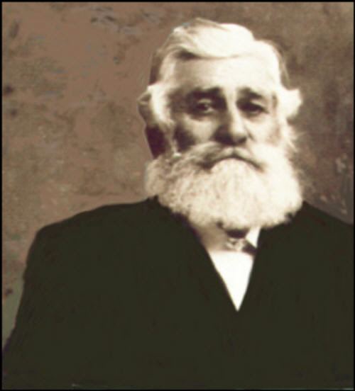 One of the members of the Church of Jesus Christ of Latter-day Saints with a serious face, mustache, beard, and wearing a black suit.