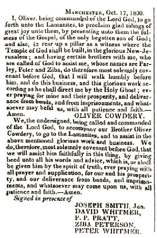 A letter from Oliver Cowdery and signed in presence of Joseph Smith, David Whitmer, Parley P. Pratt, Ziba Peterson, and Peter Whitmer.