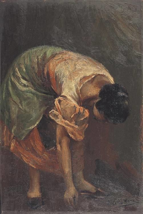 Woman reaching something on the floor while wearing an orange and green dress, a painting by Fabián de la Rosa