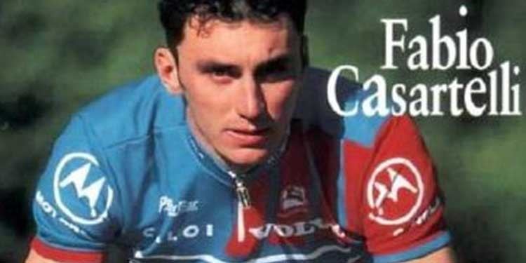 Biking Fabio Casartelli with his fierce look and wearing a bike jersey