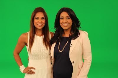 Farah Nasser smiling and wearing a cream blazer and black dress while Sangita Patel wearing white dress