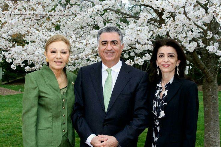 Shahbanoh Farah Pahlavi in her green outfit, Shahzadeh Reza Pahlavi wearing black coat, white long sleeves and green neck tie & Princess Farahnaz Pahlavi in her black and white outfit