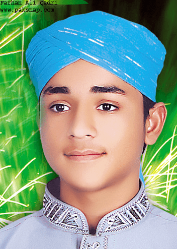 A younger Farhan Ali Qadri wearing a blue turban and a sky blue collared pakistani clothing.