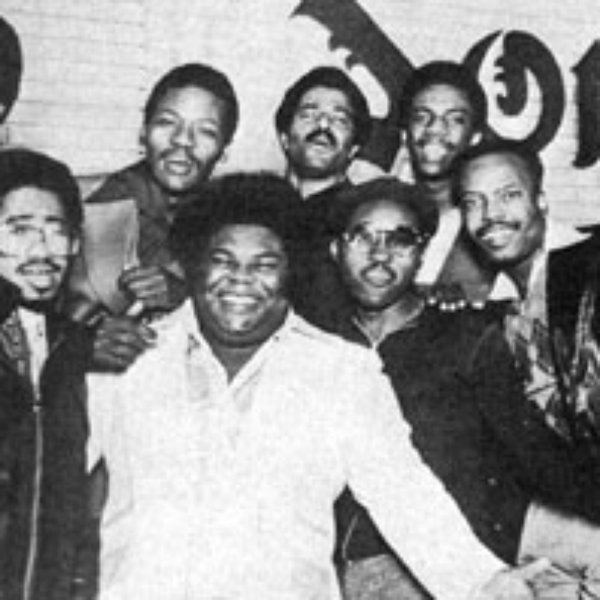 The seven members of the Fat Larry's Band smiling all together