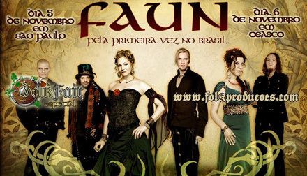 A poster featuring the Faun members- Rudiger Maul, Neil Mitra, Adaya, Oliver Pade, Laura Fella, and Stephan Groth