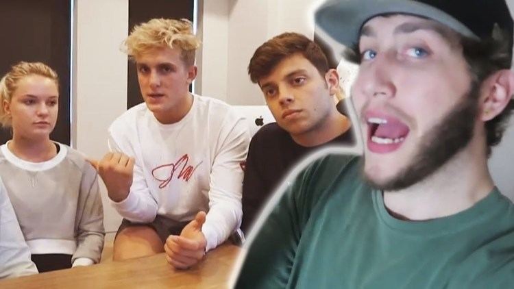 Jake Paul pointing to his assistant, Meg, and joined by Anthony Trujillo as they explain how Meg was assaulted by Faze Banks