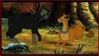 Junior talking to Nhozemphtekh in the woods in a scene from Felidae, 1994.