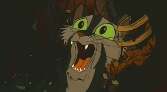 The character named Junior with a terrified scream in a scene from Felidae, 1994.