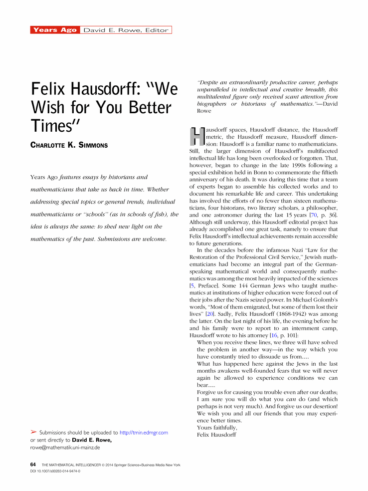 Felix Hausdorff Felix Hausdorff We Wish for You Better Times Springer