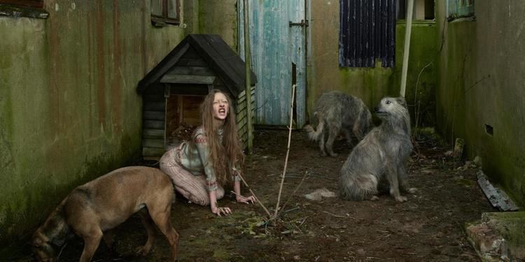 A feral girl with a strange face while kneeling on the ground along with three dogs and with long messy hair.