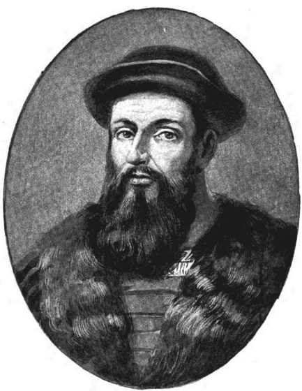 A sketch of Ferdinand Magellan (4 February 1480 – 27 April 1521),  inside an oval frame looking serious with a beard and mustache, wearing a coat and a hat
