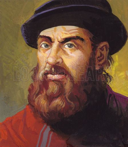 A painting of Ferdinand Magellan (4 February 1480 – 27 April 1521), looking serious with a beard and mustache and wearing a red coat and black hat