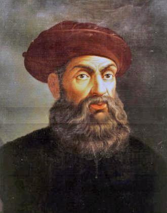 Ferdinand Magellan (4 February 1480 – 27 April 1521), looking serious with a beard and mustache and wearing a black coat and red turban