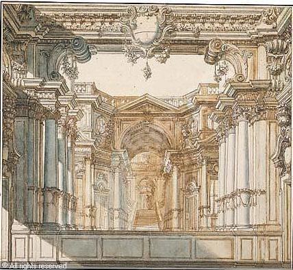 Ferdinando Galli-Bibiena A stage design a palace courtyard with a huge arch