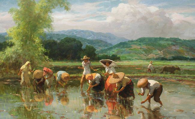 Planting Rice (Mayon) by Fernando Amorsolo signed and dated 1949