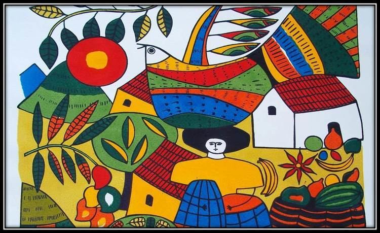 A colorful painting of a woman, bird, house, hills, and fruits by Fernando Llort