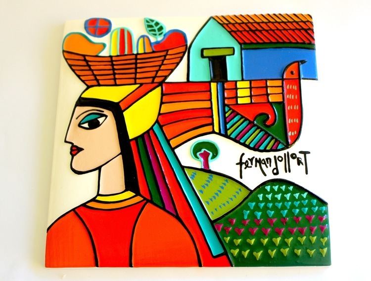 A colorful painting of a woman, house, and mountains signed by Fernando Llort