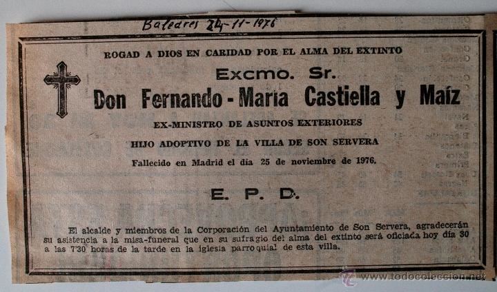 Fernando María Castiella y Maíz esquela original de prensa don fernandomaria Comprar Cartas