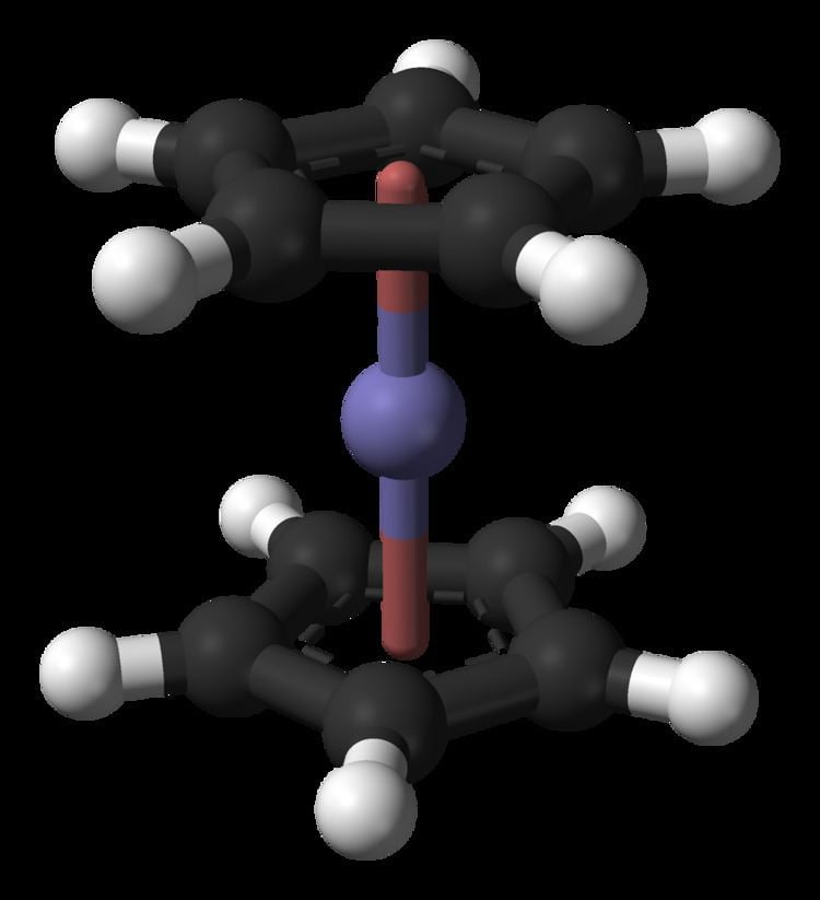 Ball-and-stick model of the ferrocene molecule, [Cp2Fe], as found in the monoclinic crystal structure