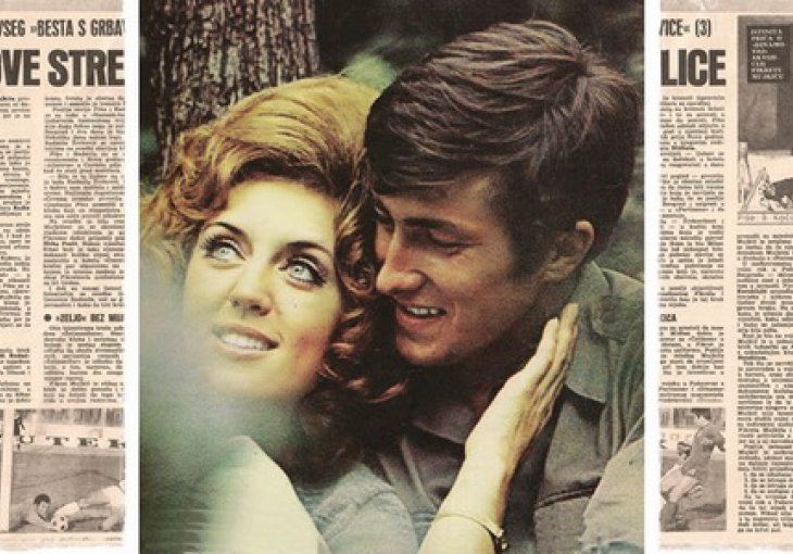 Radmila Karaklajić and Fikret Mujkić are smiling while Radmila is looking afar and Fikret is looking at her with a newspaper in the background. Radmila with golden brown wavy hair is wearing a gray blouse and bracelet while Fikret is wearing a gray polo