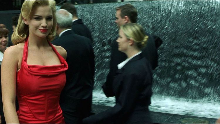 Fiona Johnson wearing a red dress at the film 'The Matrix'