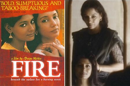 Fire (1996 film) Movie poster (on the left) and Radha combing the hair of Sita in front of a mirror (on the right: movie scene)