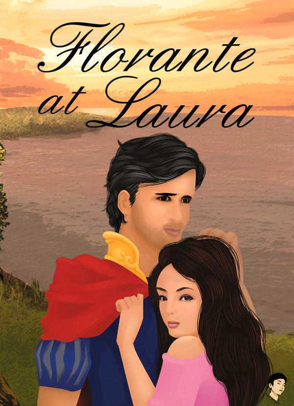 Florante at Laura hugging at each other while Florante’s hand is touching Laura’s head, in a sunset and a river in their background. Florante has black hair, wearing a blue royal garment under yellow and red royal robes while Laura has black long hair wearing a pink off-shoulder top