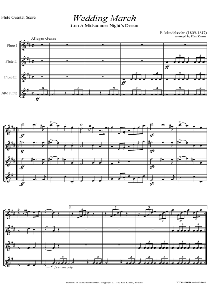 Flute quartet Op61 Midsummer Nights Dream Bridal March Flute Quartet sheet