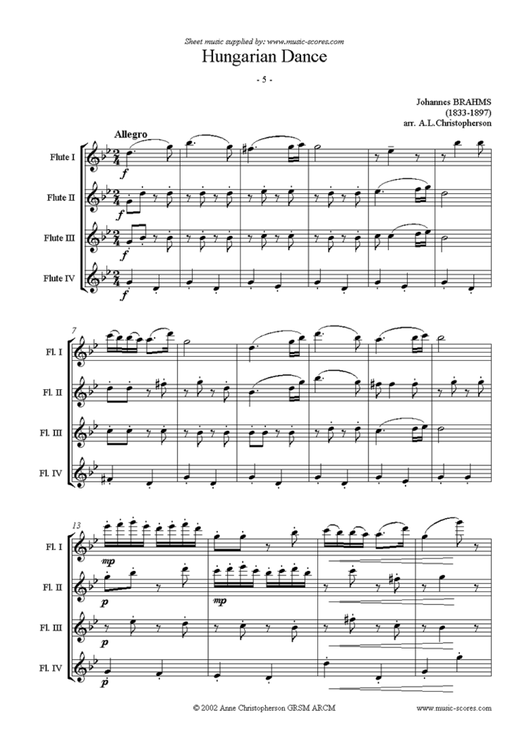 Flute quartet Hungarian Dance No 5 Flute Quartet sheet music by Johannes Brahms