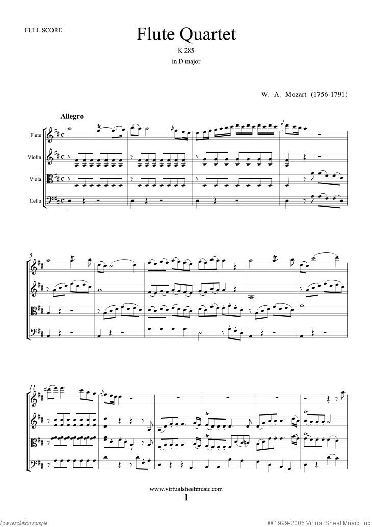 Flute quartet Mozart Flute Quartet K285 sheet music for flute violin viola and