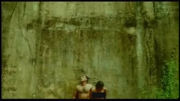 Chaminda Sampath Jayaweera and Gayesha Perera are standing in front of a wall with green plants on the right side, looking at something with serious faces, and Chaminda has a hairy chest in a scene from the 2011 film "Flying Fish". They are both naked.